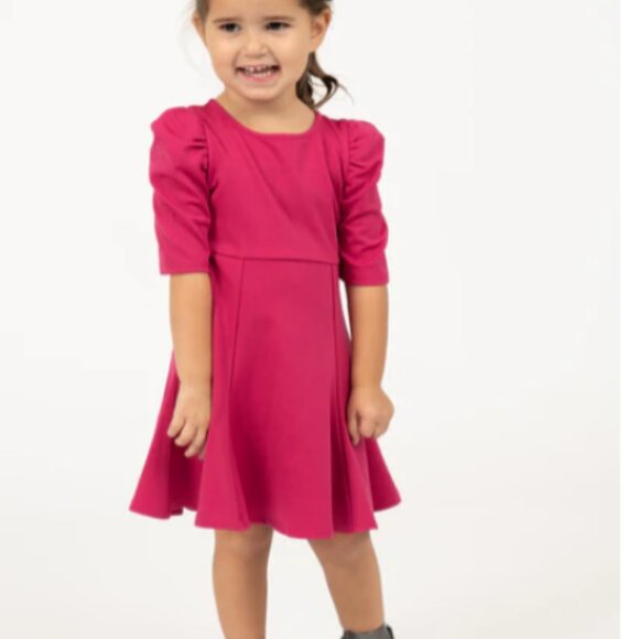 KIDPIK SHORT SLEEVE PUFF SLEEVE KNIT SKATER DRESS IN PINK - Picture 1 of 8